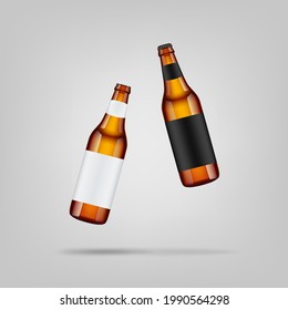 Zwei Flaschen mit Bier auf grauem Hintergrund, Modell für Design, realistische Vektorgrafik.