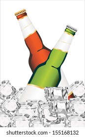 Two bottles of beer on ice. Isolated on white background.