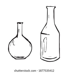 two bottles, black and white graphics on a white background. simple monochrome illustration. glassware for the bar. vector.