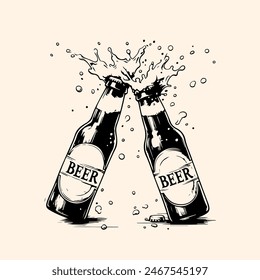 two bottles of cold beer with foam. flat vector illustration on white background