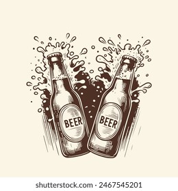 two bottles of cold beer with foam. flat vector illustration on white background