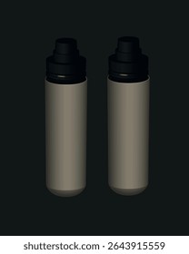 Two  bottles colored cream with black caps, standing upright against a dark background.