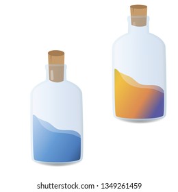 Two bottles of colored potions on a white background.