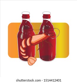 Two bottles of dark beer or another carbonated drink and shrimp on a yellow rectangular background. Suitable for decorating menus, banners, invitations, flyers, logos.