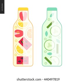 Two bottles of detox water - cartoon vector illustration of bottles filled with fruit lemonade and cucumber water, with slices of watermelon, lemon and orange, strawberry, and mint with cucumber