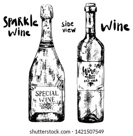 Two bottles of different wine: spalking and normal ones from side view