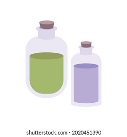 Two bottles with green and purple potions flat isolated vector illustration