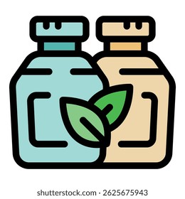 Two bottles with leaves symbolize eco friendly products made with natural, sustainable ingredients