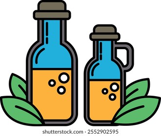 Two bottles of liquid with a green leaf in front of them. The bottles are of different sizes and are placed next to each other