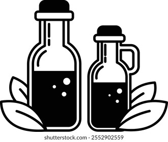 Two bottles of liquid with a leaf in front of them