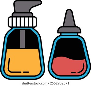 Two bottles of liquid, one orange and one red, with a blue cap. The orange bottle is labeled "soap"