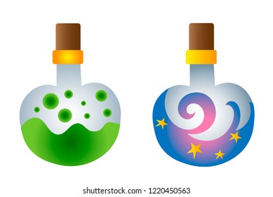 Two bottles of magic potion with bubbles and stars.