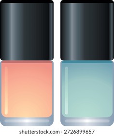 Dos botellas de esmalte de uñas en vibrantes tonos de naranja y menta azul claro, comúnmente utilizado para manicuras y pedicuras. Ideal para belleza, cosmética, arte de uñas y diseños relacionados con la moda, especialmente para temas de primavera y verano.