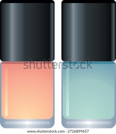 Two bottles of nail polish in vibrant orange and light blue mint shades, commonly used for manicures and pedicures. Ideal for beauty, cosmetic, nail art, and fashion-related designs, especially for spring and summer themes.