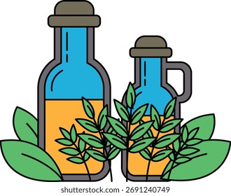 Dos botellas de aceite están sobre un fondo frondoso. Las botellas están una al lado de la otra y están rodeadas de hojas