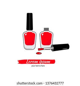 Two bottles with red nail polish and brush lying next to it.