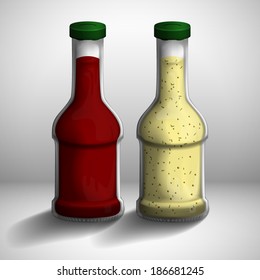 Two bottles of red and white sauce.