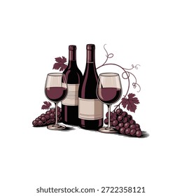 Dos botellas de vino tinto junto a dos copas llenas de vino tinto, rodeadas de uvas y hojas de vid.