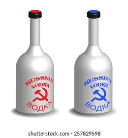 Two bottles of Russian vodka in red and blue, isolated on a white background 