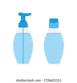 Two bottles of sanitizer gel, one with cap, one with pump dispenser. Vector icons, illustrtation.