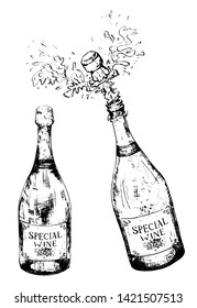 Two bottles of sparkling wine: closed and open with cork shooting out and slpashing alcohol. 