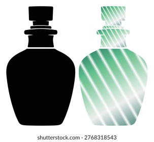 Two bottles with stoppers, one solid black, one gradient green.