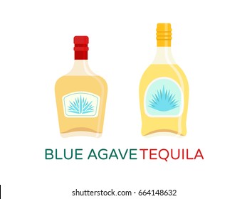 Two bottles of tequila isolated on white background. Traditional alcohol of Mexico with symbols of the blue agave on labels. 