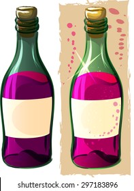 Two bottles of wine , the first bottle on a white background , the second bottle with flare effects , bubbles and drops of wine