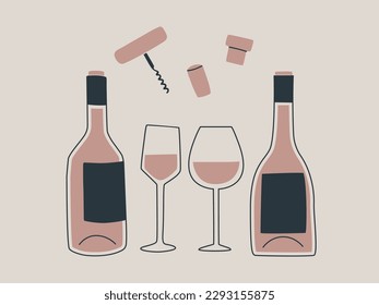 Two bottles of wine and two glasses and other accessories for wine - a corkscrew and corks. Vector isolated trendy illustration