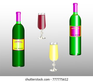 Two bottles and two wine glasses with red and white wine. Labels are modified or replaced. Vector illustration.