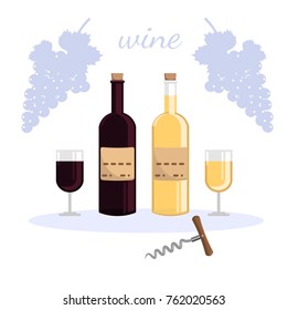 two bottles of wine and two glasses of wine, white and red wine, corkscrew on a white background