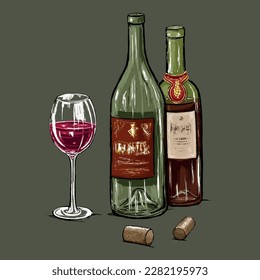 Dos botellas de vino y una gobeta de vino tinto. Vino rojo, copa de vino y dos corchos. Botellas de vidrio verde brillante y un vaso de vidrio. Ilustración vectorial colorida, dibujo manual

