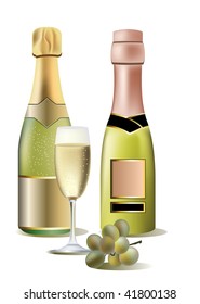 Two bottles of wine, grape and a glass