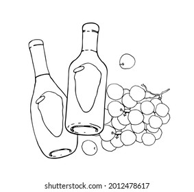 Two bottles of wine and grapes. Vector logo illustration on a white background. 