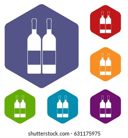 Two bottles of wine icons set hexagon isolated vector illustration