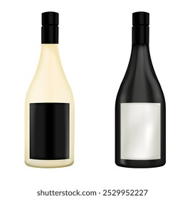 Duas garrafas de vinho sobre fundo branco. Um conjunto de diferentes garrafas de champanhe. Garrafas 3D de champanhe ou vinho espumante. Ícones de feriado