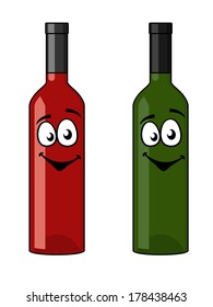Two bottles of wine, one red and one white in green glass with happy smiling faces standing side by side, cartoon vector illustration