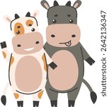 Two bovine characters stand together in a playful pose. A light-colored cow waves while its dark-colored companion playfully sticks out its tongue. Cartoon vector illustration