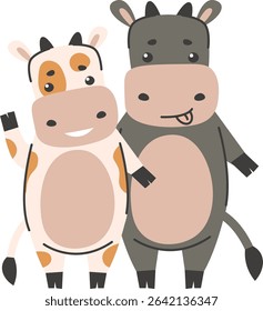Two bovine characters stand together in a playful pose. A light-colored cow waves while its dark-colored companion playfully sticks out its tongue. Cartoon vector illustration