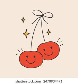 Two bow tied cherry berries. Abstract cherry couple with smiling faces. Colorful doodle illustration. Outline retro drawing. Vector design