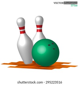 Two bowling pins with green bowling ball on the wood flor. Vector illustration.