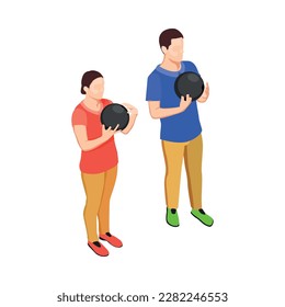 Two bowling players with balls during game isometric vector illustration
