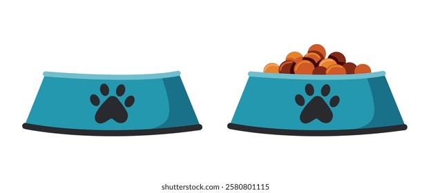 Two bowls for animal food. One empty, one filled with dry food. Vector illustration on a white background.