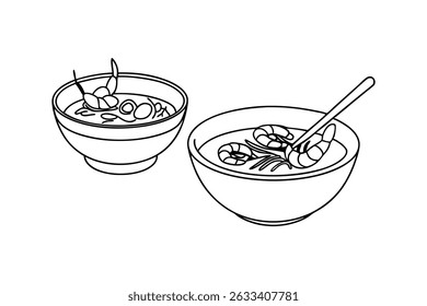 Two Bowls Of Shrimp Soup Line Art Illustration Style Vector Design
