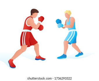 two boxer athletes fight in the ring. training, competition, championship. vector flat illustration.