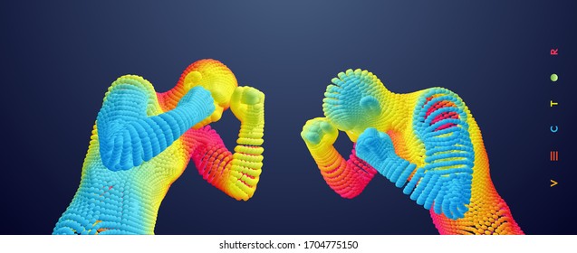 Two boxer before a fight. Sport competition template. Vector illustration composed of particles. 