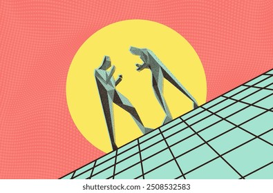 Two boxer before a fight. Sport competition template. Be strong! Conflict. The concept of rivalry. Vector illustration for cover, card, postcard, banner, poster, brochure or presentation.