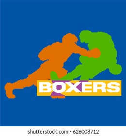 Two boxer silhouettes fighting one orange one green with the word boxers in text