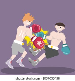two boxers fight, sparks, vector, boxer falls, strong beat, red and green boxing gloves