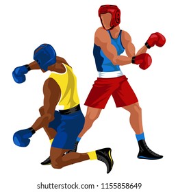 Two boxers fighting. Battle spectacle event with knockdown between professional sportsmen in sportswear vector illustration.